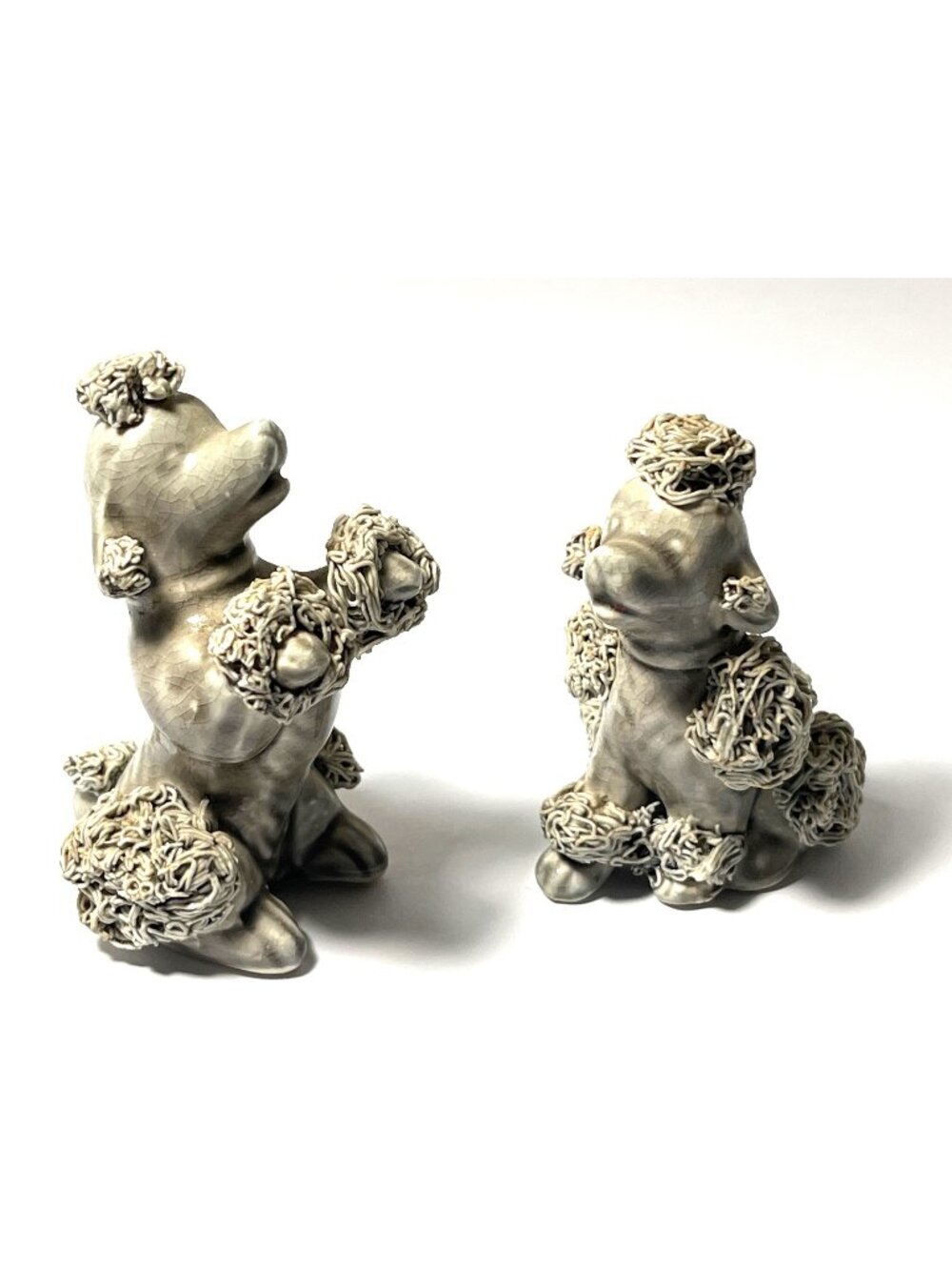 Vintage 1950 Spaghetti Texture Curly Poodles Set of 2 Dog Figurines Gray Ceramic